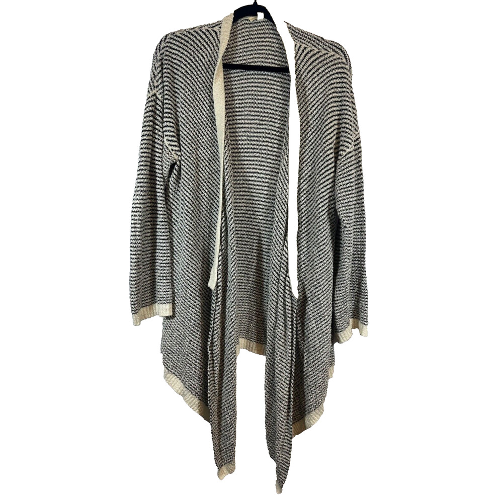 EILEEN FISHER L black tan brown 100% organic cotton cascading open sweater C21
